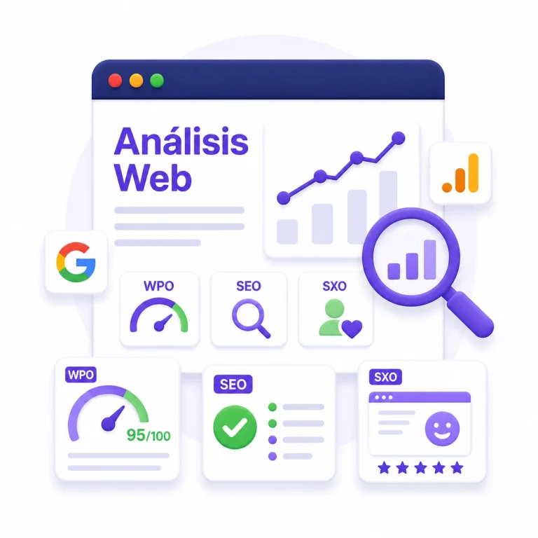 Análisis web mediante auditorías SEO, WPO y SXO para mejorar el rendimiento y la conversión de una página web.