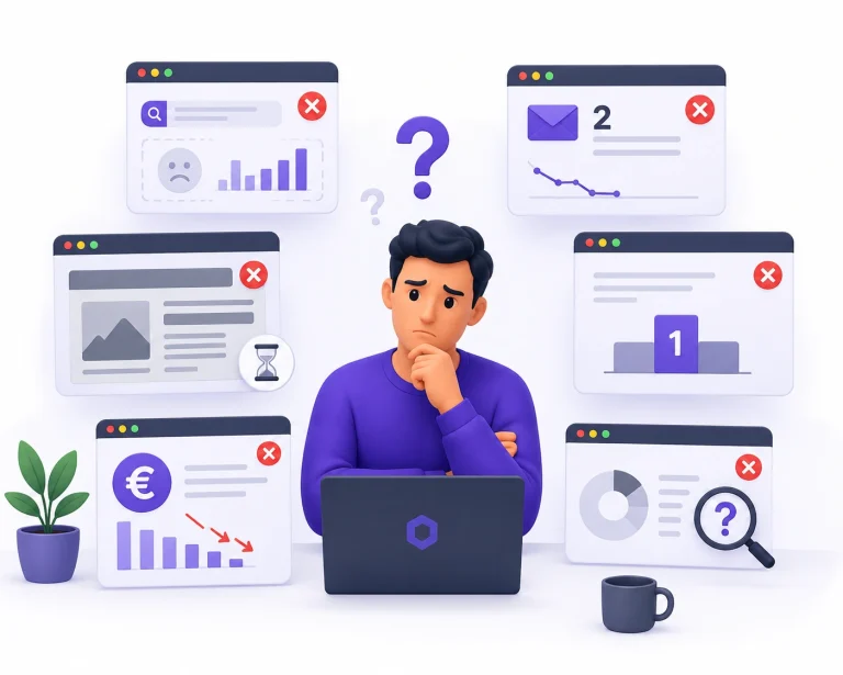Empresario preocupado porque su página web no genera clientes ni resultados para su negocio