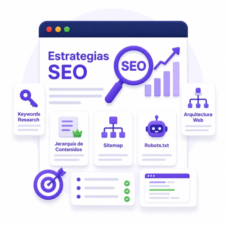 Planificación SEO basada en keyword research, arquitectura web, jerarquía de contenidos y optimización técnica.
